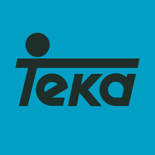 Weißes Teka-Logo mit stilisiertem Punkt-und-Balken-Element auf kräftigem roten Hintergrund