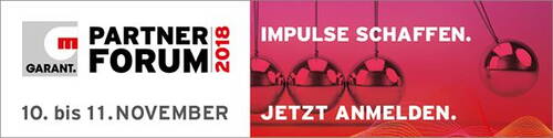 Werbebanner für das Garant Partnerforum 2018 mit Termin 10. bis 11. November, Slogan „Impulse schaffen. Jetzt anmelden.“ und stilisierter Newton-Pendel-Grafik auf rotem Hintergrund