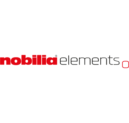 Nobilia elements Schriftzug mit rotem „nobilia“-Logo links und schwarzem „elements“-Text mit kleinem rotem Quadrat rechts