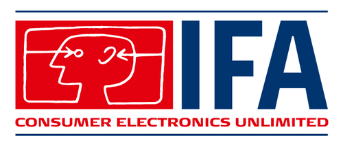 Logo der IFA mit stilisiertem Kopf in Rot neben blauen Großbuchstaben „IFA“ und dem Slogan „Consumer Electronics Unlimited“ in roter Schrift