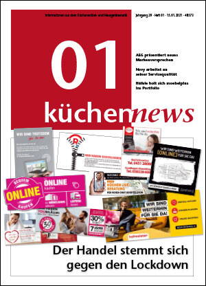 Titelseite des Fachmagazins „küchennews“ mit Collage verschiedener Online‑Werbemittel und der Schlagzeile „Der Handel stemmt sich gegen den Lockdown“