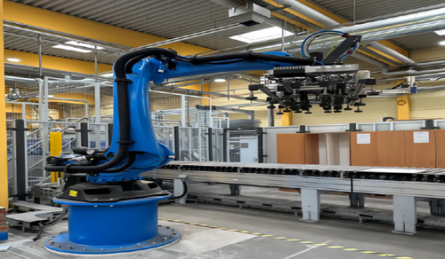 Industrieroboter mit Greifarm sortiert Kartons auf einem Förderband in einer modernen Produktionshalle