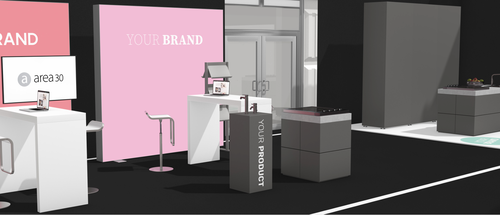 Modern gestalteter Messestand mit weißen Beratungstresen, pinken Branding-Wänden, digitalen Präsentationsbildschirmen und grauen Küchenmodulen mit Kochfeldern.