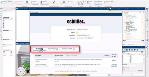 Softwareoberfläche mit geöffnetem Prüfbericht der Firma Schüller, in dem im Reiter „Fehler“ zwei Planungsfehler für einen Geschirrspüler-Unterbau und eine unzulässige Tiefenkürzung von Küchenmöbeln angezeigt werden.