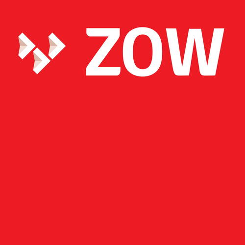 Rotes Quadrat mit weißem Schriftzug „ZOW“ und drei pfeilförmigen, abstrakten Symbolen links oben