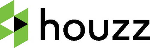 Grünes geometrisches Logo mit schwarzem Dreieck links neben dem schwarzen Schriftzug „houzz“ auf weißem Hintergrund