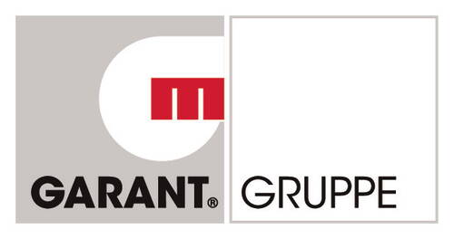 Garant Gruppe Logo mit rotem Balken und stilisierter weißer G-Form auf grauem Hintergrund neben schwarzer Schrift „GARANT GRUPPE“