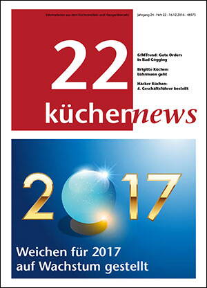 Titelseite der Fachzeitschrift „küchennews“ mit großer Jahreszahl 2017 und dem Schlagwort „Weichen für 2017 auf Wachstum gestellt“ vor blauem Hintergrund