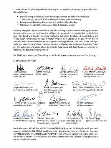 Schriftliches Maßnahmenpapier des MITTELSTANDSVERBUNDES zur sicheren Kundenberatung im Handel während geschlossener Verkaufsflächen, mit Auflistung konkreter Regeln und zahlreichen handschriftlichen Unterschriften der Geschäftsführer beteiligter Möbel- und Kücheneinzelhandelsunternehmen.