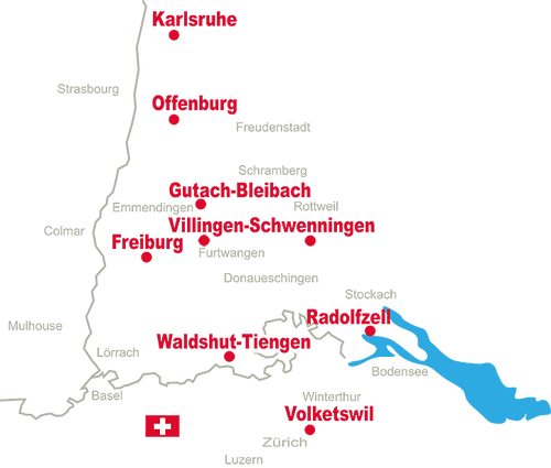 Karte Mitteleuropas mit rot markierten Ländern, grauer Umrandung, blauen Küstenbereichen und drei eingezeichneten roten Paket-Symbolen in Norwegen, Deutschland und Italien