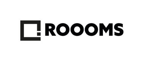 Schwarzes ROOOMS-Logo mit stilisiertem eckigen Symbol links neben dem Markennamen auf weißem Hintergrund