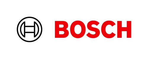 Bosch Schriftzug in kräftigem Rot neben dem schwarz umrandeten Bosch-Emblem mit stilisiertem Anker in einem Kreis auf weißem Hintergrund