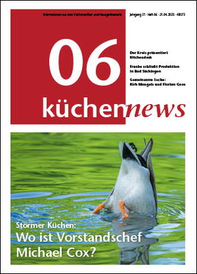 Titelblatt der Fachzeitschrift „küchennews“ mit tauchender Ente im Wasser und der Schlagzeile „Störmer Küchen: Wo ist Vorstandschef Michael Cox?“