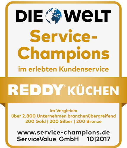 Auszeichnung „Service-Champions im erlebten Kundenservice“ 2017 für Reddy Küchen, verliehen von Die Welt und ServiceValue im Vergleich mit über 2.800 Unternehmen.