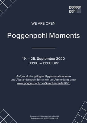 Werbeplakat für die Veranstaltung „Poggenpohl Moments“ mit Öffnungszeiten vom 19. bis 25. September 2020, täglichen Besuchszeiten von 9 bis 19 Uhr und Hinweis auf Anmeldung wegen Hygiene- und Abstandsregeln.