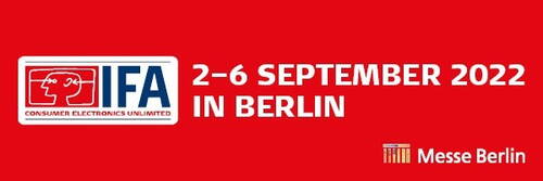 Werbegrafik zur IFA 2022 mit Logo und Hinweis auf den Veranstaltungstermin 2.–6. September 2022 in Berlin auf rotem Hintergrund mit Messe-Berlin-Logo.