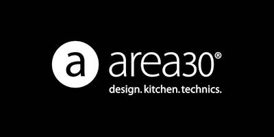 Weißes „area30“-Logo mit rundem a-Symbol und dem Slogan „design.kitchen.technics.“ auf schwarzem Hintergrund