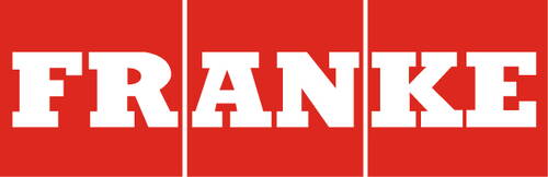 Rotes Logo mit dem weißen Schriftzug „FRANKE“ in großen Blockbuchstaben, durch dünne vertikale Linien in drei Segmente geteilt
