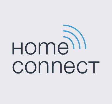 Home Connect Logo mit dunkelblauer Schrift und drei hellblauen Funkwellen auf hellgrauem Hintergrund