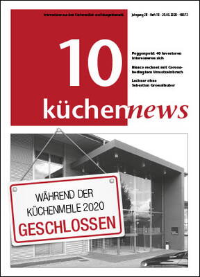Titelseite der Fachzeitschrift „küchennews“ mit großem Hinweis „Während der Küchenmeile 2020 geschlossen“ vor einem modernen Küchenstudio-Gebäude