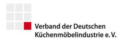 Logo des Verbands der Deutschen Küchenmöbelindustrie e. V. mit grauer Quadratrastergrafik und einem hervorgehobenen roten Quadrat links neben dem Schriftzug