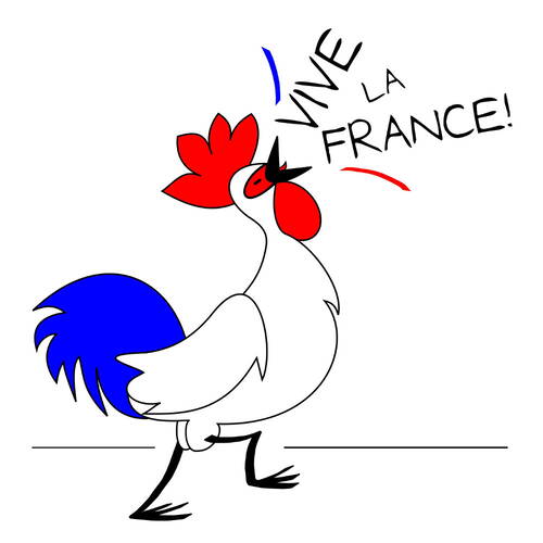 Französischer Hahn in den Nationalfarben kräht den Schriftzug „Vive la France!“