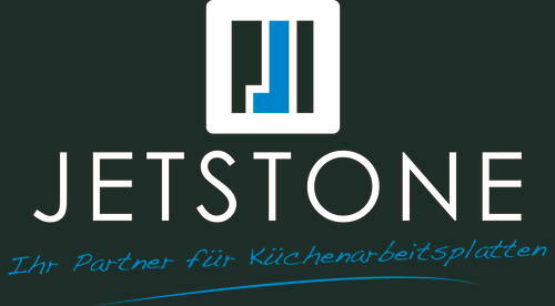 Jetstone Logo mit schwarzem Quadrat und orangefarbenem J-Symbol sowie dem Slogan „Ihr Partner für Küchenarbeitsplatten“ in orangefarbener Handschrift