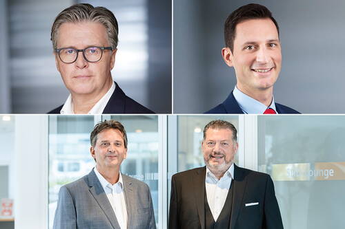 Vier männliche Führungspersonen in Anzug und Hemd, jeweils in professionellen Porträts vor modernen Bürohintergründen angeordnet, zwei oben einzeln und zwei unten nebeneinander.