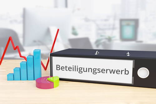 Aktenordner mit der Aufschrift „Beteiligungserwerb“ steht auf Schreibtisch neben bunten Balken- und Tortendiagrammen vor verschwommenem Bürohintergrund
