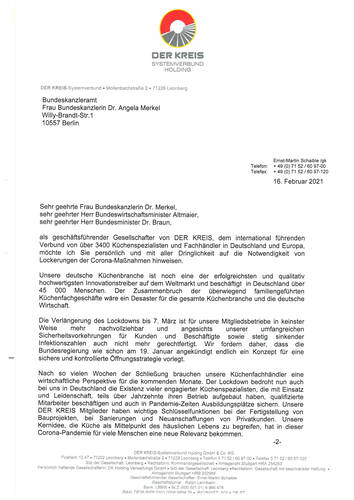 Geschäftsbrief des Küchenverbands DER KREIS an Bundeskanzlerin Angela Merkel vom 16. Februar 2021 mit dringendem Appell zur Lockerung der Corona-Maßnahmen und zur sicheren Öffnungsstrategie für Küchenfachgeschäfte