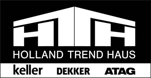 Schwarz-weißes Logo von Holland Trend Haus mit stilisiertem Dach über den Initialen HTH und den Markennamen Keller, Dekker und ATAG in der unteren Leiste