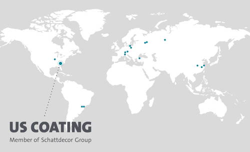Weltkarte mit markierten internationalen Standorten der Firma US Coating als Mitglied der Schattdecor Group