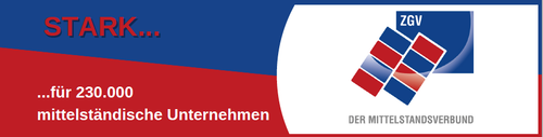 Grafik des MITTELSTANDSVERBUNDES ZGV mit blau‑rotem Logo und dem Slogan „STARK… für 230.000 mittelständische Unternehmen“