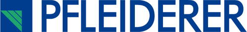 Pfleiderer Schriftzug in dunklem Blau mit links angeordnetem quadratischem Logo aus blauen und grünen, schräg verlaufenden Flächen