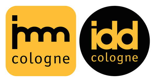 Zwei kontrastierende Logos mit gelber und schwarzer Farbgebung, links „imm cologne“ in schwarzer Schrift auf gelbem Quadrat mit abgerundeten Ecken, rechts „idd cologne“ in gelber Schrift auf schwarzem Kreis.