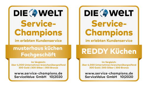 Service-Champions-Auszeichnungen der Zeitung DIE WELT für musterhaus küchen Fachgeschäft und REDDY Küchen im erlebten Kundenservice 2020