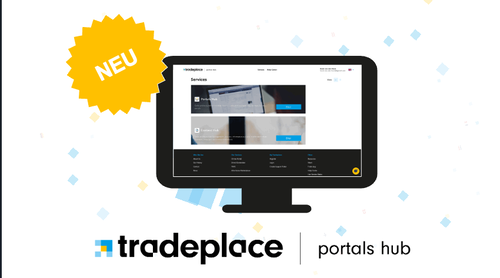 Monitor mit geöffneter Tradeplace-Portals-Hub-Webseite und gelbem „NEU“-Siegel vor hellem, mit kleinen farbigen Quadraten verziertem Hintergrund