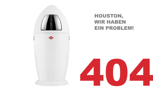 Raketenförmiger Mülleimer im Weltraum-Design mit Sprechblase „Houston, wir haben ein Problem!“ und großer roter 404-Fehlermeldung.