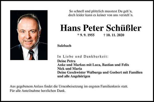 Traueranzeige für Hans Peter Schüßler mit Porträtfoto, Lebensdaten 1955–2020 und Dankesworten der Familie für Anteilnahme und stille Urnenbeisetzung im engsten Kreis