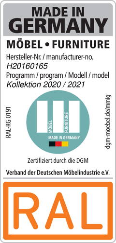 RAL-Gütesiegel für Möbel „Made in Germany“ der Kollektion 2020/2021 mit Hersteller-Nummer H20160165, zertifiziert durch die Deutsche Gütegemeinschaft Möbel.