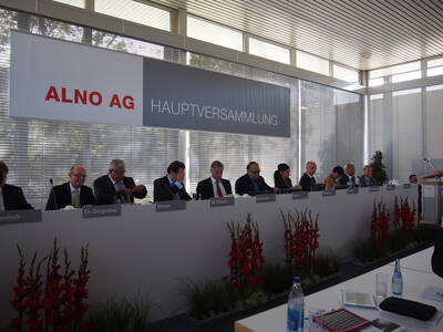 Vorstandsmitglieder der ALNO AG sitzen in einer Reihe auf dem Podium einer Hauptversammlung und bereiten sich vor Mikrofonen und Namensschildern in einem modernen Konferenzraum auf ihre Beiträge vor.