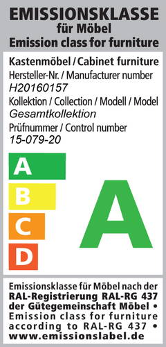 Deutsches Emissionslabel für Kastenmöbel mit Hersteller- und Prüfnummer, das die Möbelkollektion in die beste Emissionsklasse A nach RAL-RG 437 einstuft