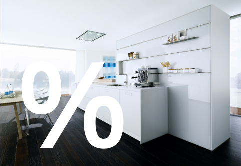 Großes Prozentzeichen über einer modernen, weißen Designküche mit Kochinsel und bodentiefen Fenstern, das auf ein spezielles Rabattangebot hinweist.