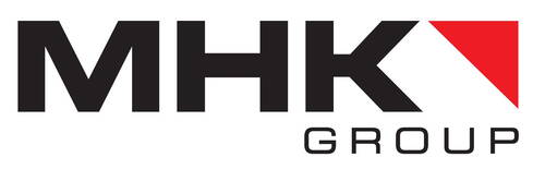Schwarzes MHK GROUP Logo mit markanter roter Dreiecksform am rechten oberen Rand