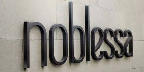 Schwarzes 3D-Wandlogo mit der Aufschrift „noblessa“ auf einer hellen Steinwand