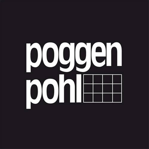 Weißes Poggenpohl-Logo mit zweizeiligem Schriftzug und rechts angeordnetem Gitter aus neun Quadraten auf schwarzem Hintergrund