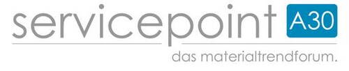 Servicepoint A30 Logo mit grauer Schrift und blauem Rechteck sowie dem Slogan „das materialtrendforum.“