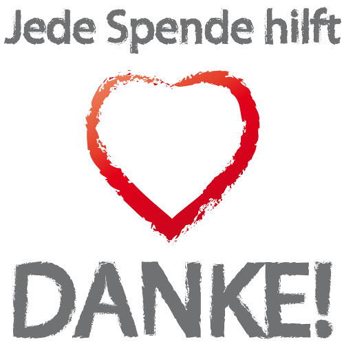 Rotes, gezeichnetes Herz mit dem Text „Jede Spende hilft“ darüber und einem großen „DANKE!“ darunter als Dankesbotschaft für Spenden
