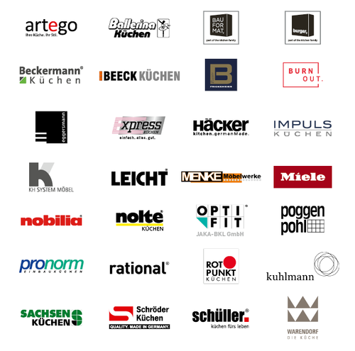 Übersicht verschiedener Logos deutscher Küchenhersteller und Küchenmöbelmarken, angeordnet in vier Reihen mit unterschiedlichen Schriftarten, Farben und grafischen Symbolen.