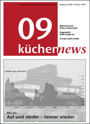 Titelseite des Magazins „küchennews“ mit großer roten Nummer 09, mehreren Schlagzeilen rechts und einem Diagramm zur ALNO-Aktie über einem Hintergrundbild einer Küchenfirma, überschrieben mit „Alno AG: Auf und nieder – immer wieder“.